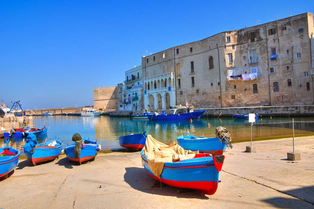 Sentiero naturalistico vista mare nei pressi di Monopoli, ulivi secolari, scogliera e mare all’alba